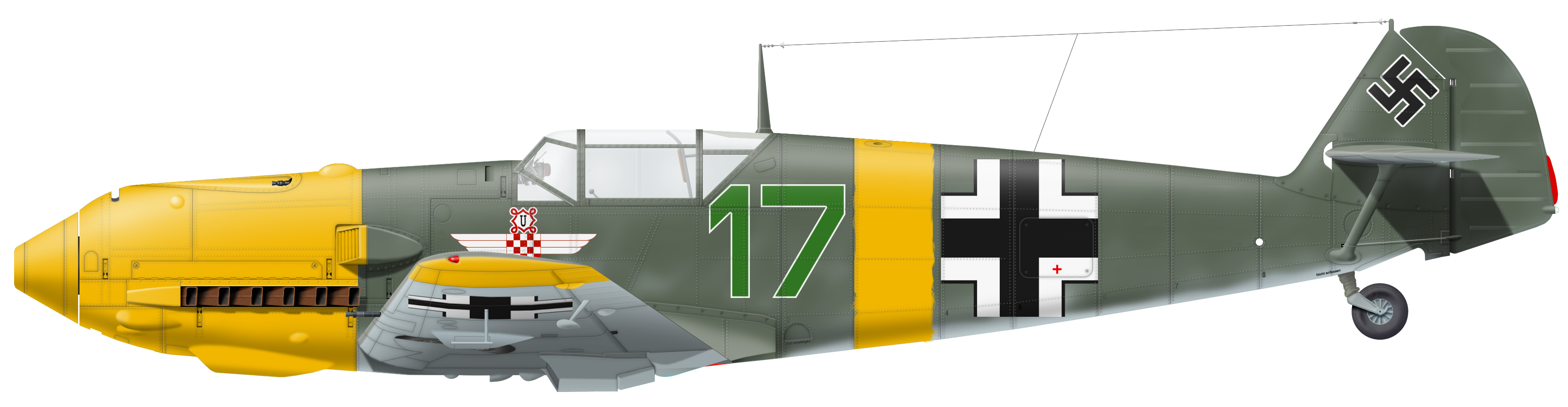 «Мессершмитт» Bf 109Е из 15.(kroat.)/JG 52, весна-лето 1942 года. Фото из коллекции Бориса Циглича, рисунок Александра Казакова