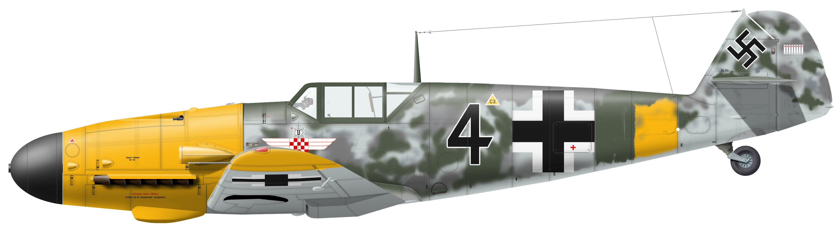 «Мессершмитт» Bf 109G-2 из 15.(kroat.)/JG 52, лето-осень 1942 года, пилот гауптман Златко Стипчич. Фото из коллекции Бориса Циглича, рисунок Александра Казакова