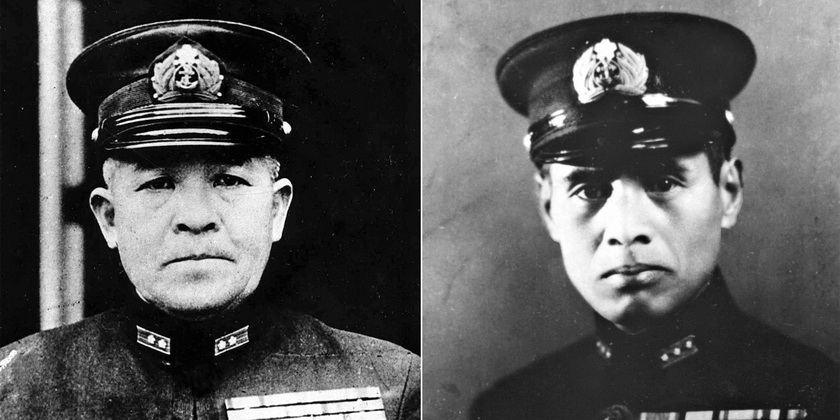 Командующий 1-м Воздушным флотом вице-адмирал Тюити Нагумо и начальник авиационного отдела штаба этого флота капитан 2-го ранга Минору Гэнда.