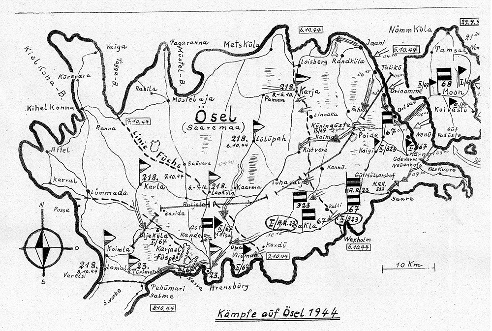 Карта-схема октябрьских боёв на о.Сааремаа за период 5-8.10.1944. На карте указана линия разграничения между частями немецких 23-й и 218-й ПД. Также обозначены рубежи «Вексгольм» и «Фухс», которые скорее являлись местом сбора отступащих, чем линией обороны. Источник: Die Geschichte des Grenadier-Regiments 67, 1965