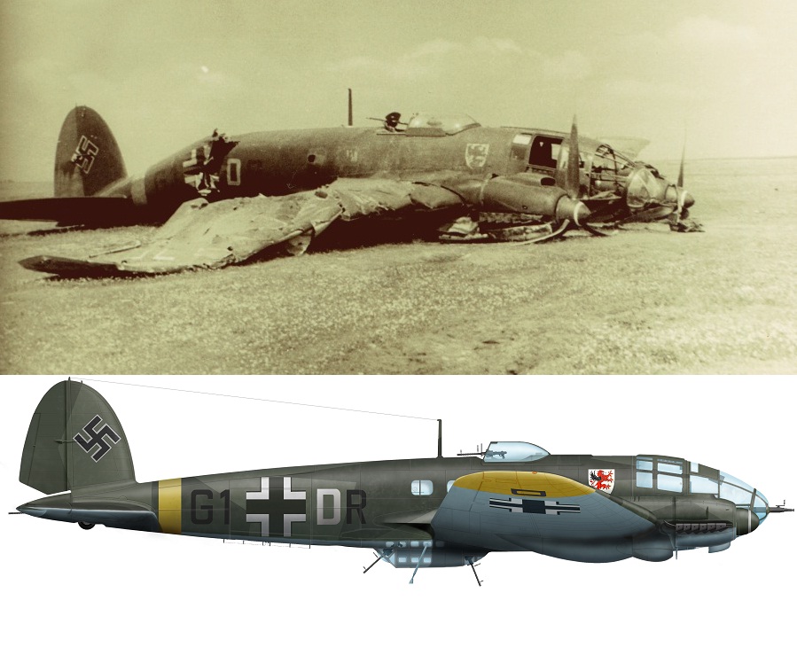 Хе-111 из 7./KG 55, совершивший вынужденную посадку в июне-июле 1941 года на Украине. Самолет имеет усиленное для штурмовых ударов по аэродромам вооружение – 20-мм орудие MG-FF, установленное в носовом блистере и реконструкция с предыдущего фото, художник И. Злобин.