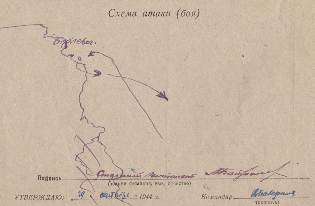 Схема атаки теплохода Henriette Киттихауками майора Бабернова 29 сентября 1944 года.