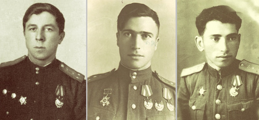 Отличившиеся в боях 25 февраля 1944 года лётчики 402-го ИАП: будущие Герои Советского Союза Сергей Павлович Шпуняков, Акоп Балабекович Манукян и Назир Титуевич Конукоев