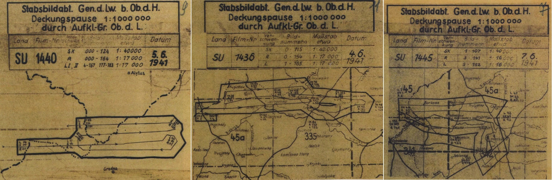 Схемы заданий на разведывательные полеты 4, 5 и 7 июня 1941 года.