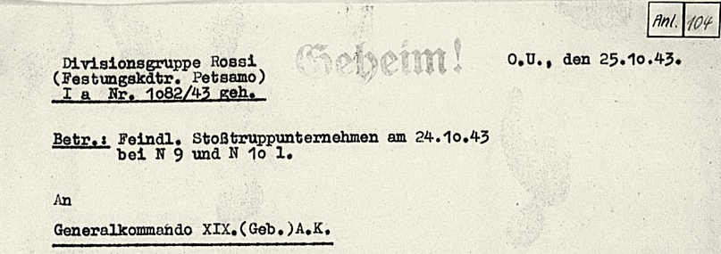 Боевое донесение о бое 24 октября 1943 г., /фрагмент из Kriegstagebuch Div.Grp.Rossi/