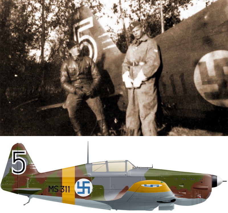 Летчик 1/LeLv 28 юликерсанти (старший сержант) Антти Тани (Antti Tani) у своего МS-311, на этой машине в бою 12.08.1941 он заявил предположительно сбитый И-15бис. Справа механик самолета. Реконструкция Александра Казакова.