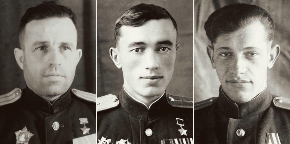 Ведущие групп штурмовиков в атаках на порт Пиллау 12 апреля 1945 года: гвардии майор Ф.Н. Тургенев, капитан Ю.А. Акаев, гвардии лейтенант Б.В. Бурштейн