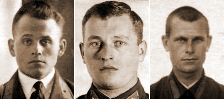 Отличившиеся в воздушном бою 25 августа 1941 года над аэродромом Спасская Полисть лейтенанты Ф.П. Котелевский и А.Ф. Смирнов, младший лейтенант Г.П. Курасов