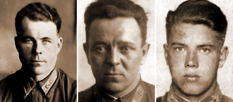 Погибшие в воздушном бою 25 августа 1941 года над аэродромом Спасская Полисть старший лейтенант А.А. Шемяков, капитан В.А. Чуринов, лейтенант Н.Ф. Костюрин