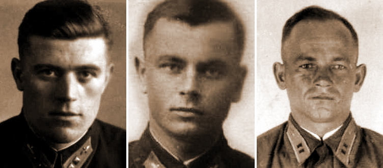 Погибшие при ударе по аэродрому Спасская Полисть 26 августа 1941 года лейтенант В.Ф. Кузнецов, старший лейтенант Е.Ф. Ермаков и лейтенант П.Ф. Богданов