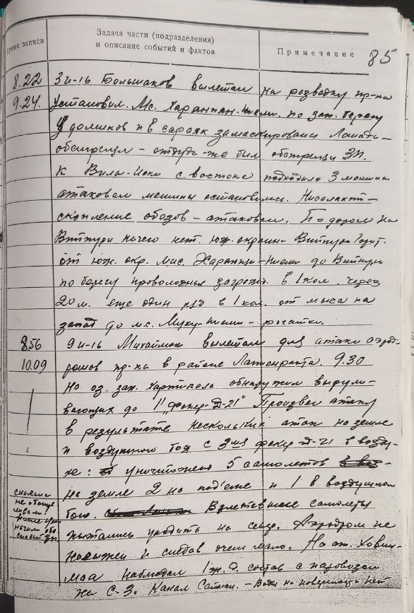Страница из «журнала боевых действий» 7-го ИАП с записью о налёте группы под командованием Михайлюка на финский аэродром 29 февраля