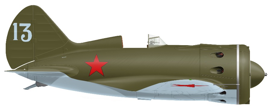 И-16 тип 10 №1021524, тактический №13 из 2-й эскадрильи 145-го ИАП, разбит в катастрофе 26.03.41г., пилот лейтенант И.В.Мирошин – погиб (Профиль выполнен по фото из аварийных актов, художник Александр Казаков.)