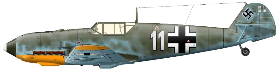 Bf109E-7 №11 командира 1/JG77 оберлейтенанта Хорста Карганико, лето 1941г. (Художник Михаил Быков.) Заполярье было единственным местом советско-германского фронта, где самолеты Люфтваффе летом 1941 года не несли желтых полос быстрого распознавания.