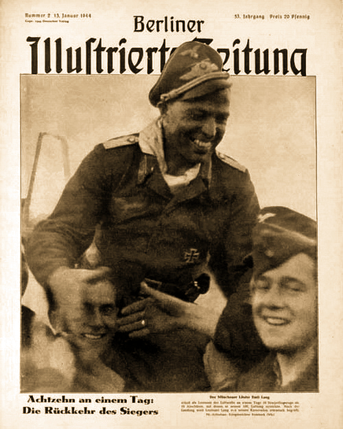 Обложка журнала «Берлинер Иллюстрирте Цайтунг» от 13 января 1944 года. Подпись гласит: «Восемнадцать за день. Возвращение победителя»