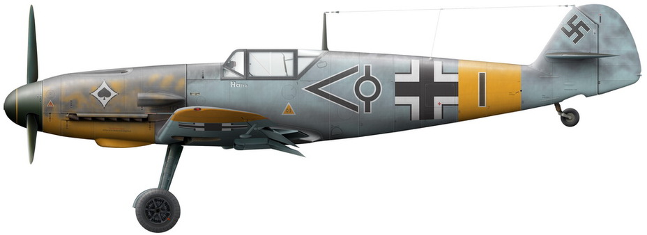 Реконструкция внешнего вида Bf 109F-2 с предыдущего снимка (рисунок В. Камского)