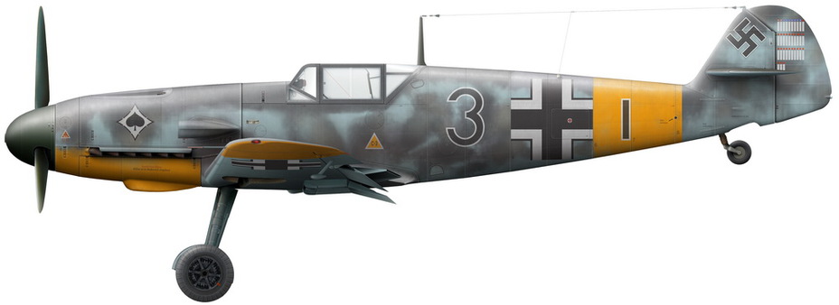 Реконструкция внешнего вида Bf 109F-2 летчика 8./JG 53 лейтенанта Херберта Шрамма (Lt. Herbert Schramm). В боях 25 июня он заявил о четырёх сбитых бомбардировщиках (рисунок В. Камского)