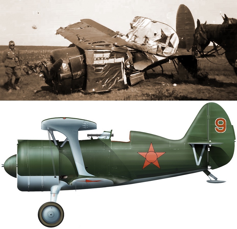 Биплан-штурмовик И-15бис из 215-го ШАП, сбитый в районе Рудни, и реконструкция внешнего вида одного из аналогичных самолётов полка (художник Игорь Злобин)