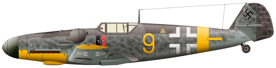 Истребитель Bf 109G-5 неизвестного летчика из эскадрильи 6./JG 52, зима-весна 1944 года (рисунок Михаила Быкова).