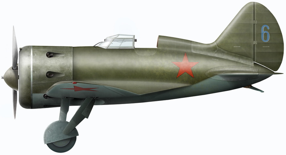И-16 2-й эскадрильи 124-го ИАП, заводской № 521А198. Самолёт 25 мая 1941 г. разбит в аварии мл. лейтенантом Н. И. Лысенко при взлёте на перехват нарушителя границы с аэродрома Ломжа. Из-за плохого самочувствия пилот решил приземлиться на аэродроме Замбрув, но не рассчитал и врезался в дерево. Реконструкция по фото из аварийного акта (художник Владимир Камский)