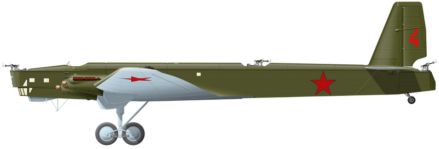 ТБ-3 (хвостовой «красная 4»), сбитый летом 1941 года. Судя по расположению и размерам номера, самолёт принадлежал 3-му ТБАП (художник Александр Казаков)