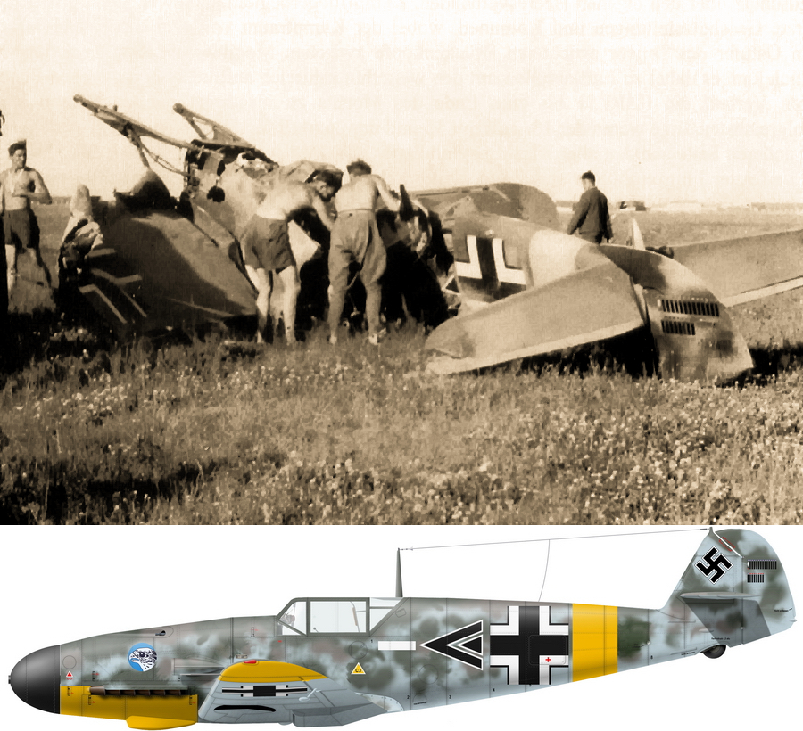 «Мессершмитт» Bf 109F-2 командира II./JG 51 гауптмана Йозефа Фёзо. Вскоре после описываемых событий, 11 июля, Фёзо разбил его в аварии, а сам был ранен и вернулся в строй только в мае 1942 года (художник Александр Казаков)