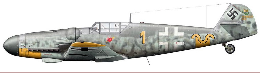 «Мессершмитт» Bf 109G-6 командира эскадрильи 9./JG 52 лейтенанта Эриха Хартмана. Художник Клаэс Сундин
