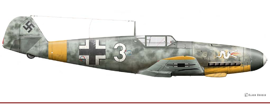 Реконструкция самолёта «мессершмитт» Bf 109 F-2 №6820, тактический №3 белый, из состава 1/JG 3, пилот ефрейтор Хайц-Вальтер Грабиес (Gefr. Grabies Heinz-Walter). Рисунок Claes Sundin. (https://luftwaffeinprofile.se/Grabies.html)