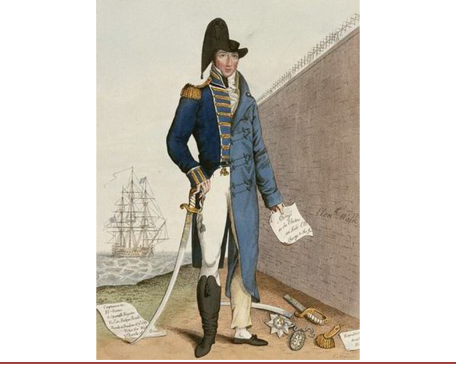 Карикатура 1815 года на Томаса Кокрейна и большое мошенничество на фондовой бирже 1814 года. Левая половина тела показывает, как дела обстояли раньше: Кокрейн изображён в форме морского офицера. Правая половина демонстрирует, как дела обстоят сейчас: Кокрейн изображён как гражданское лицо без знаков различия и регалий, его сабля сломана, эполеты и ордена отняты, а рядом высится тюремная стена. (wikimedia.org)