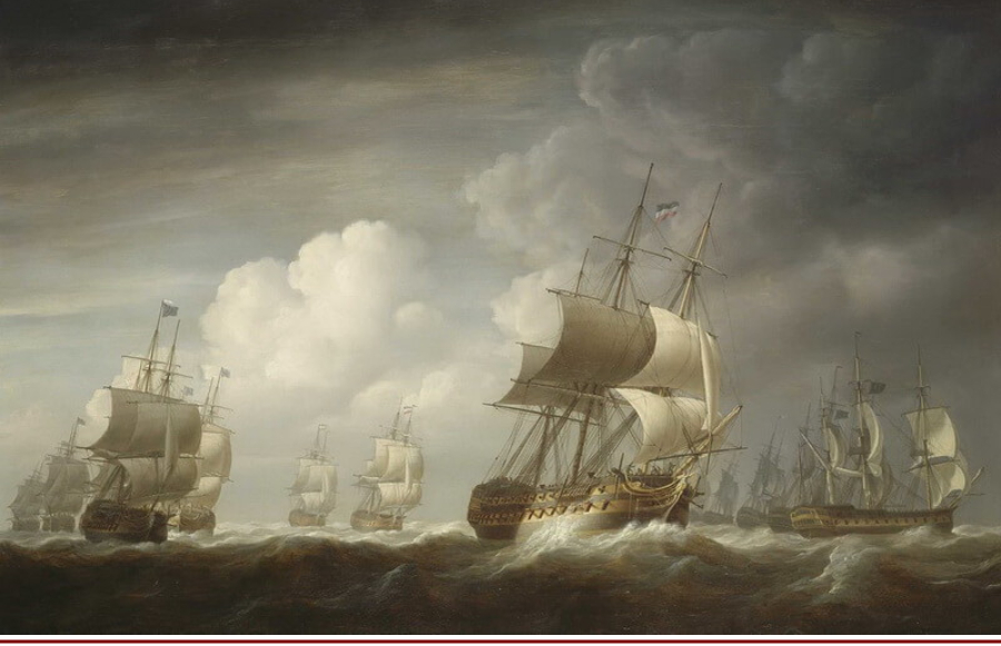 Флот Британской Ост-Индской компании возвращается из Китая, 1802 год. Стоит обратить внимание, что на части кораблей гон-дек просто нарисован, пушки расположены только на верхних палубах и надстройках, чтобы взять как можно больше груза. (wikimedia.org)