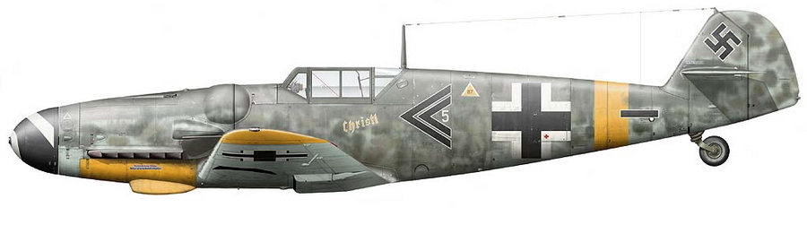 Bf 109G-6 командира группы II./JG 52 гауптмана Герхарда Баркхорна, Крым, аэродром Багерово, ноябрь-декабрь 1943 года. Художник Claes Sundin (http://www.luftwaffeinprofile.se)