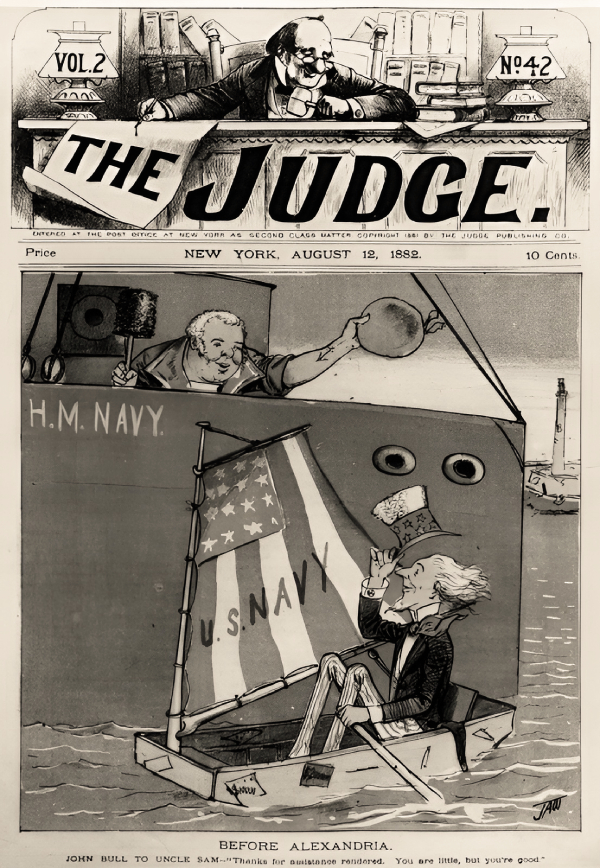 Карикатура на обложке сатирического журнала The Judge (август 1882 года) сравнивает американский флот с Королевским флотом Великобритании. steelnavy.org