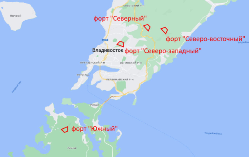 Расположение долговременных фортов Владивостокской крепости по плану 1896 года.