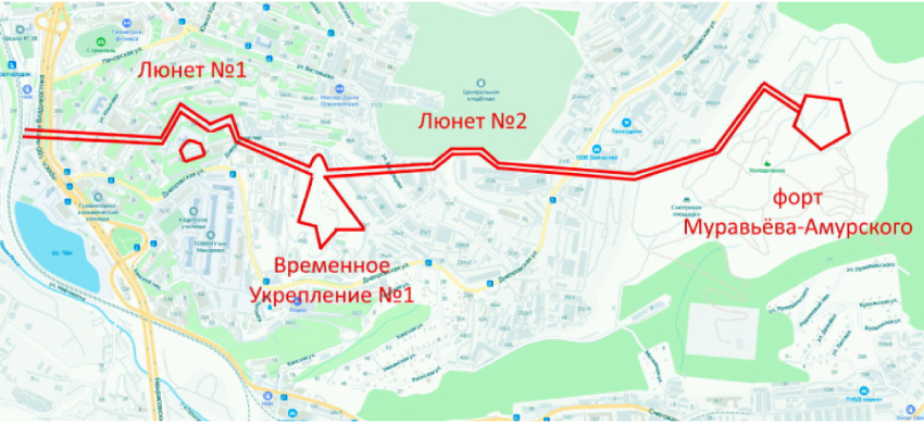 Расположение укреплений западного участка крепостной ограды Владивостокской крепости проекта 1899 года