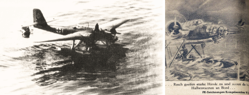 Самолет Фатера, севший на воду. Снимок с самолета-разведчика Bv-138 и тот же случай на пропагандистском рисунке в журнале «Der Adler» №14 от 6.7.43.