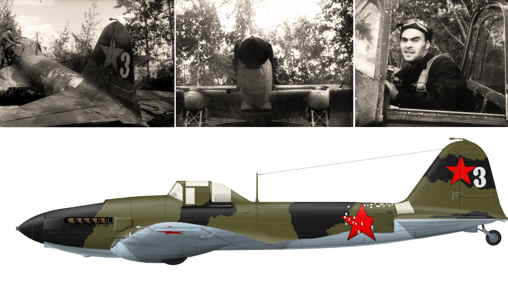 Ил-2 тактический №3, заводской №1863314 61-го ШАП август 1941г. Самолёт передан из 215-го ШАП в 61-й ШАП. В кабине Ил-2 командир звена младший лейтенант Михаил Васильевич Заболотский. Реконструкция по фотографии, художник Александр Казаков.