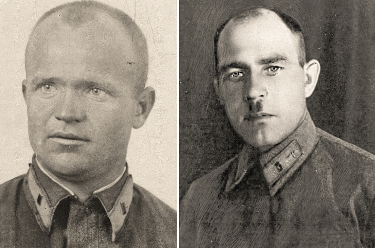 Командир 1-й эскадрильи 61-го ШАП капитан Матвей Дмитриевич Романов и заместитель командира 3-й эскадрильи 61-го ШАП старший лейтенант Василий Гаврилович Болотов, по итогам боевых действий в Духовщинской операции награжденный звездой Героя Советского Союза.