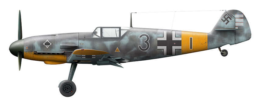 Bf109F-2 из 8/JG53, лейтенанту Херберту Шрамму (Lt.Herbert Schramm), август 1941 года.Реконструкция по фотографии, художник Александр Казаков.
