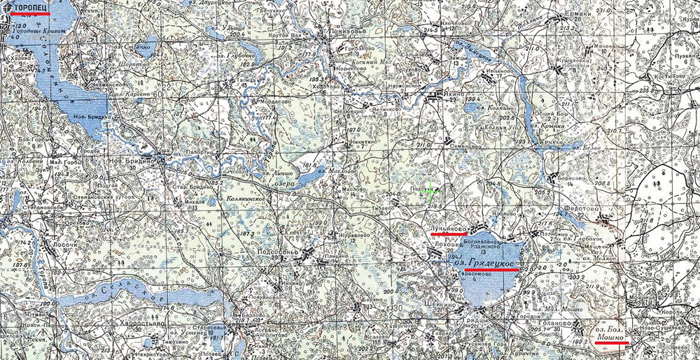 Карта боевых действий группы штурмовиков 215-го ШАП 30 августа 1941 года на дороге Торопец – Лукьяново, в районе озёр Грядецкое и Мошно.