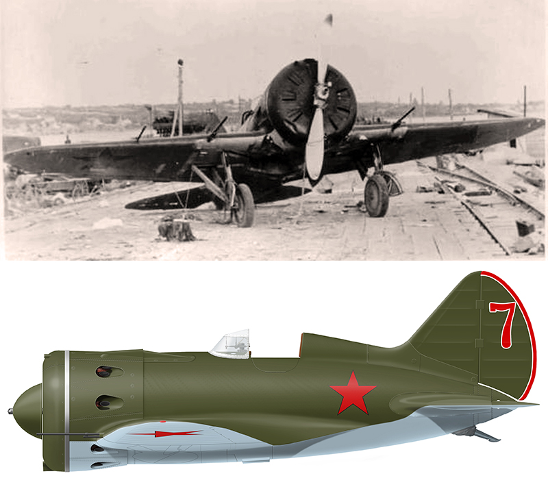 И-16 тип 17 тактический №7 красный, из 1-й АЭ 29-го ИАП, оставлен при отступлении, август 1941г. Реконструкция по фото, художник Александр Казаков