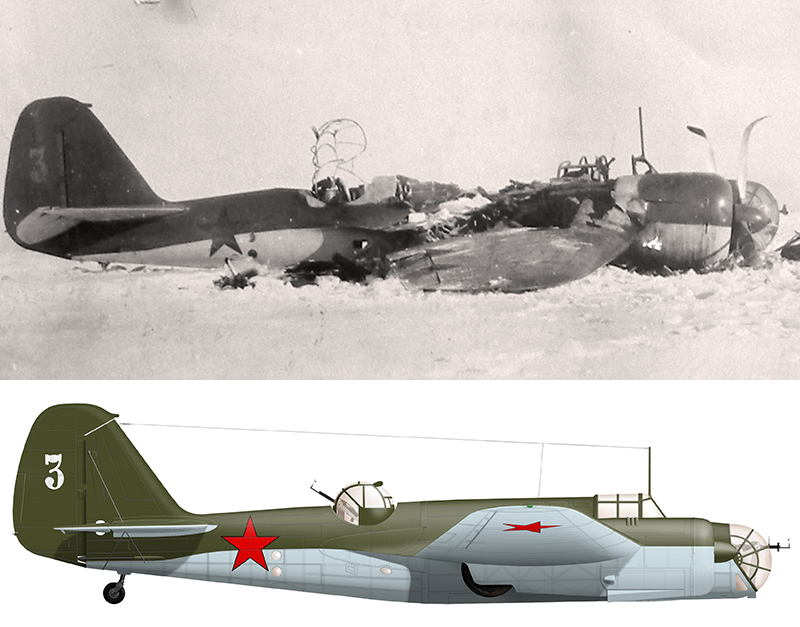 СБ тактический №3 белый, 37-го СБАП, разбит в аварии зимой 1940/41г. Реконструкция по фото, художник Александр Казаков.