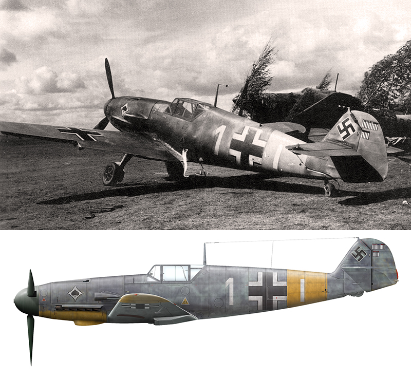 «Мессершмитт» Bf 109F-2 №1 белый, командира 7/JG 53, обер-лейтенанта Хайнца Альтендорфа, аэродром Демидов начало августа 1941 года. Реконструкция по фото, художник Владимир Камский.