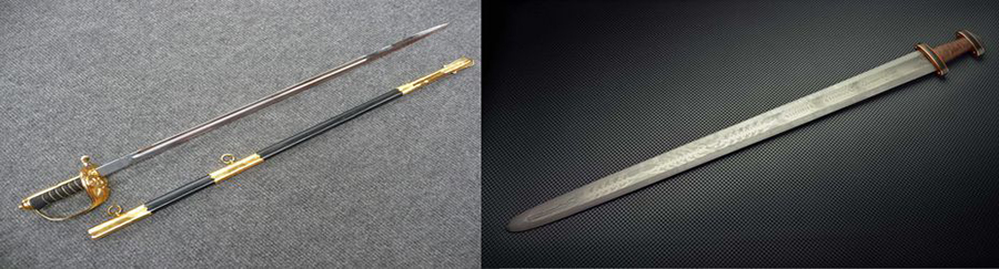 Парадная шпага, dress sword (слева) и шведский палаш, karolinerverge